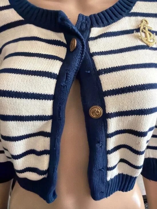Betsey Johnson 2011 Sailor Girl Intarsia Nautical Cardigan Sweater Sz M w/FLAW - Picture 8 of 12